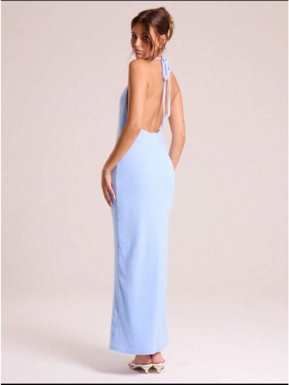 MUSERA Light Blue Soft Ribbed Knit Tie Halter Midi Maxi Dress L - Picture 6 of 9